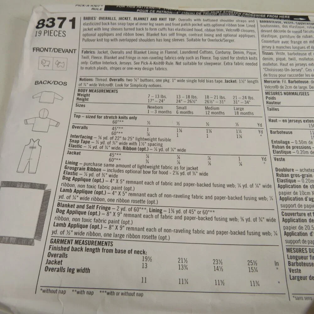 Simplicity 8371 Clothing Sewing Pattern NB- 18mts UNCUT Overalls, Jacket etc